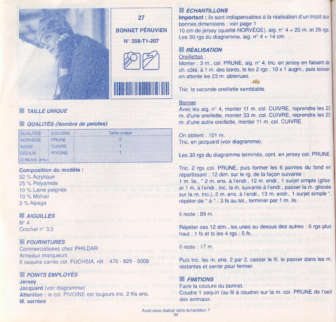 patron tricot bonnet peruvien